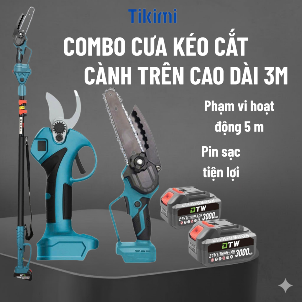 Máy cưa cành cây trên cao dài 3m Kéo cắt cành cây dùng pin trên cao Cưa cành cây cưa gỗ cầm tay DTW 