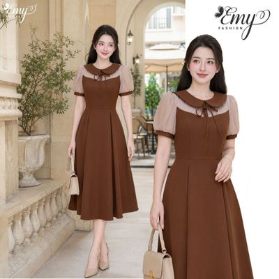 Đầm Thiết Kế EMY Thời Trang Cao Cấp EM2286 Chéo Hàn Nâu Đất Sang Trọng Thanh Lịch