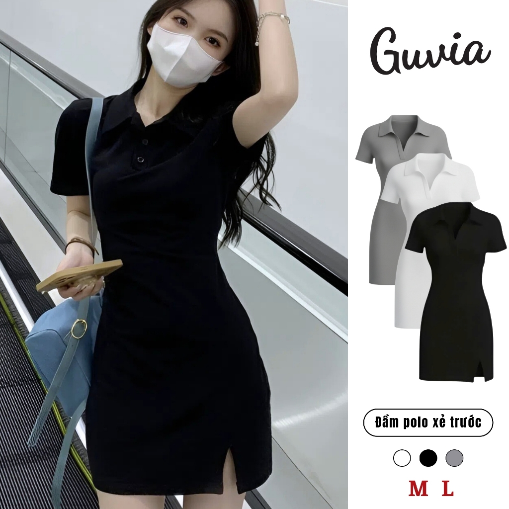 Váy Body Cổ Polo Xẻ Trước Chất Thun Gân Tăm, Đầm Ôm Sexy GUVIA DB01