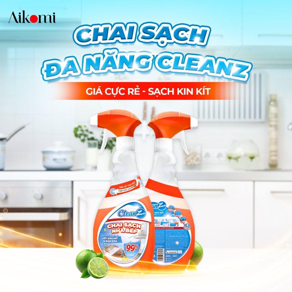 [Live x Aikomi] COMBO 3 chai sạch đa năng nhà bếp có vòi CleanZ - 450ml/chai tặng Cọ nhám