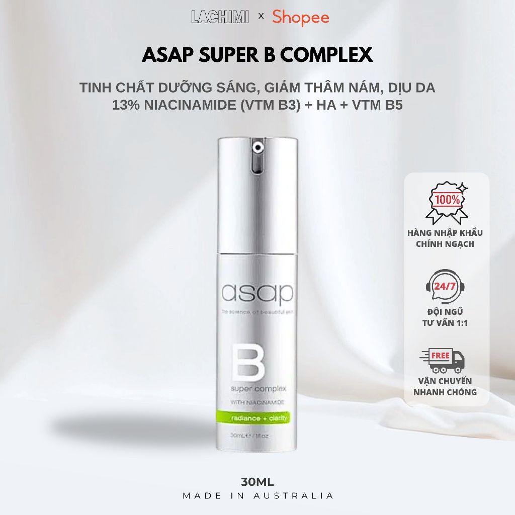 Asap Super B Complex Niacinamide 13% Tinh chất phục hồi dưỡng sáng, mờ thâm nám, dịu da Lachimi 30ML