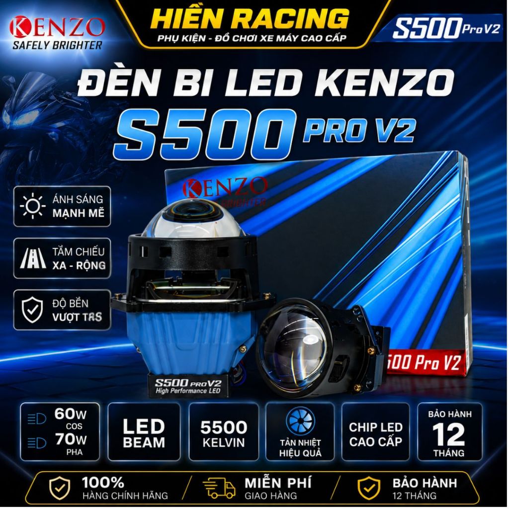 S500 Pro V2, Đèn Bi Cầu Kenzo S500 Pro Ver 2 65W Dễ Lắp Đặt Đáp Ứng Mọi Nhu Cầu Tăng Sáng - BH 2 Năm