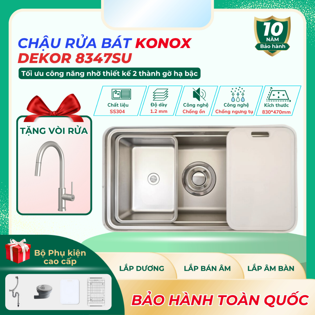 Chậu Rửa Bát Konox Dekor 8347SU 1 Hố Workstation Sink Inox 304 Chống Xước Kèm Full Phụ Kiện