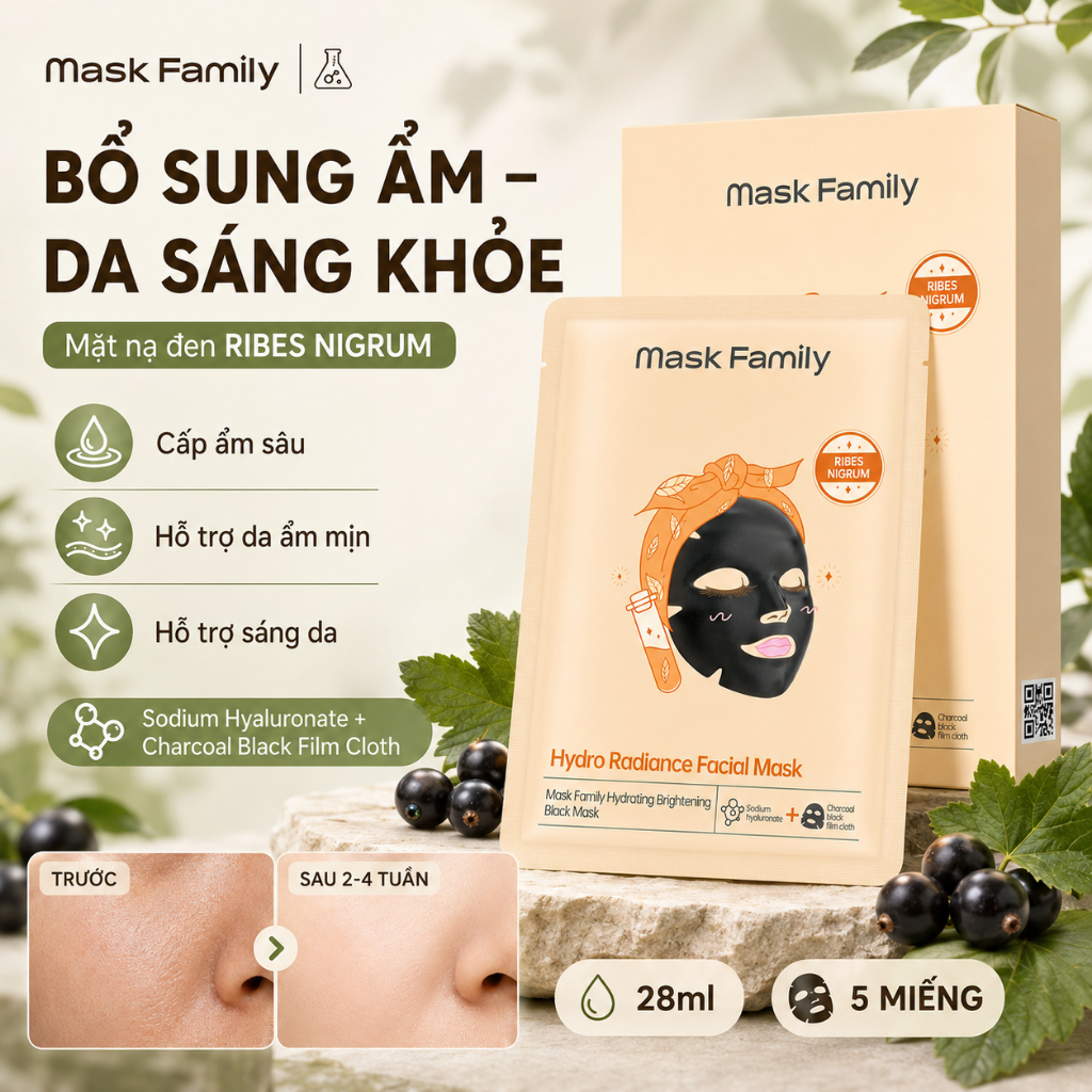 Mặt Nạ Đen Cấp Ẩm Sáng Da Mask Family Hydro Radiance Facial Mask (28ml x 5 Miếng)