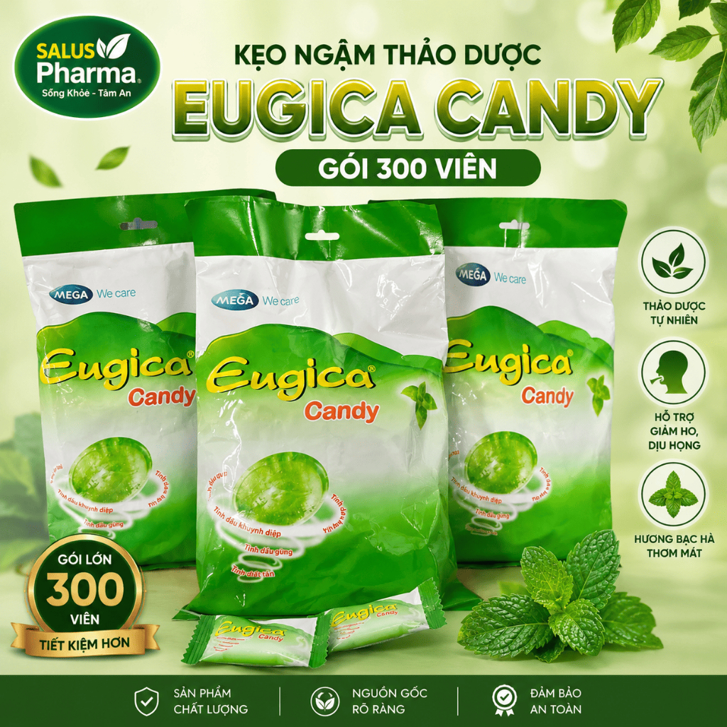 [Túi Lớn 300 Viên] Kẹo Ngậm Thảo Dược Eugica Candy - Giảm Ho, Làm Dịu Rát Họng, Thơm Miệng