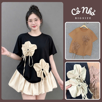 Áo Thun Nữ Bigsize Form Rộng Cổ Tròn Phối Hoa Dễ Thương Vải Thun Cotton Mềm Mịn  A292