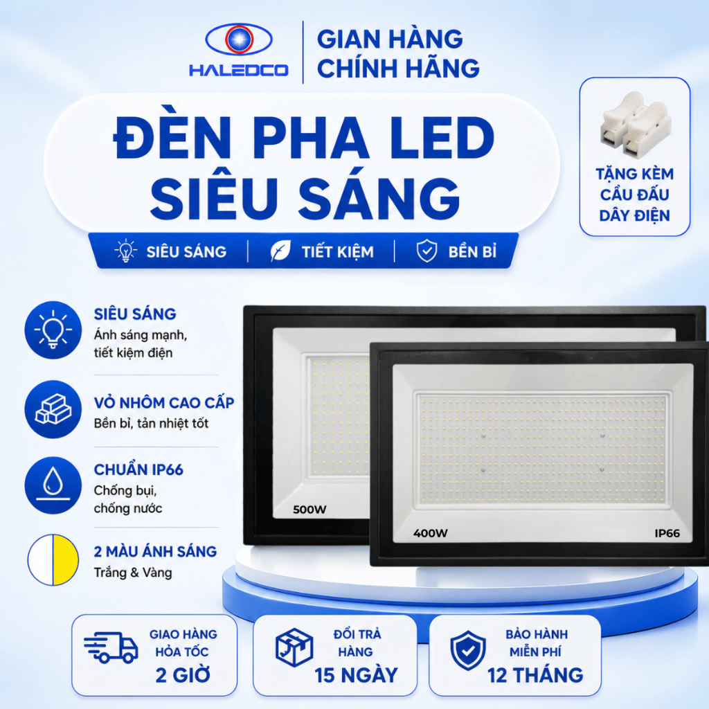 Đèn Pha LED HALEDCO 500W 400W 300W Siêu Sáng IP66 Chống Nước Chiếu Sân Vườn Nhà Xưởng Bảo Hành 12TH
