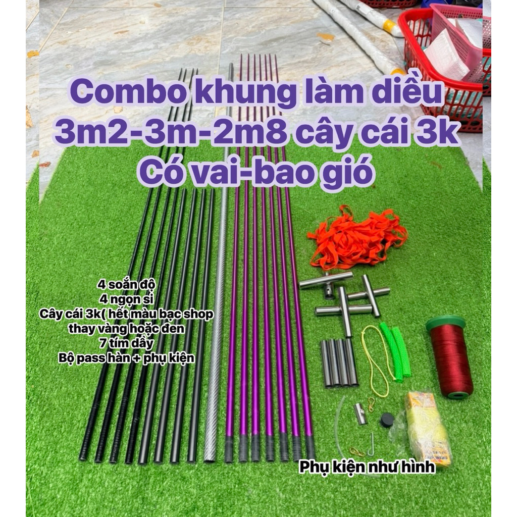 Combo Khung 2m8-3m-3m2 Làm Diều Sáo Có Vai - Cây Cái 3k - Nan Tím Dầy - Đầy Đủ Phụ Kiện