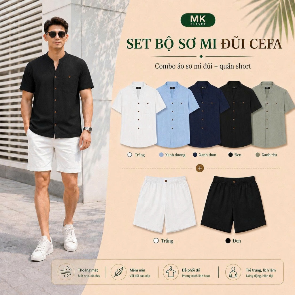Set Bộ Đũi Cefa MK CLEVER Chất liệu Đũi mềm mịn thoáng mát, chống nhăn, form rộng hằng ngày