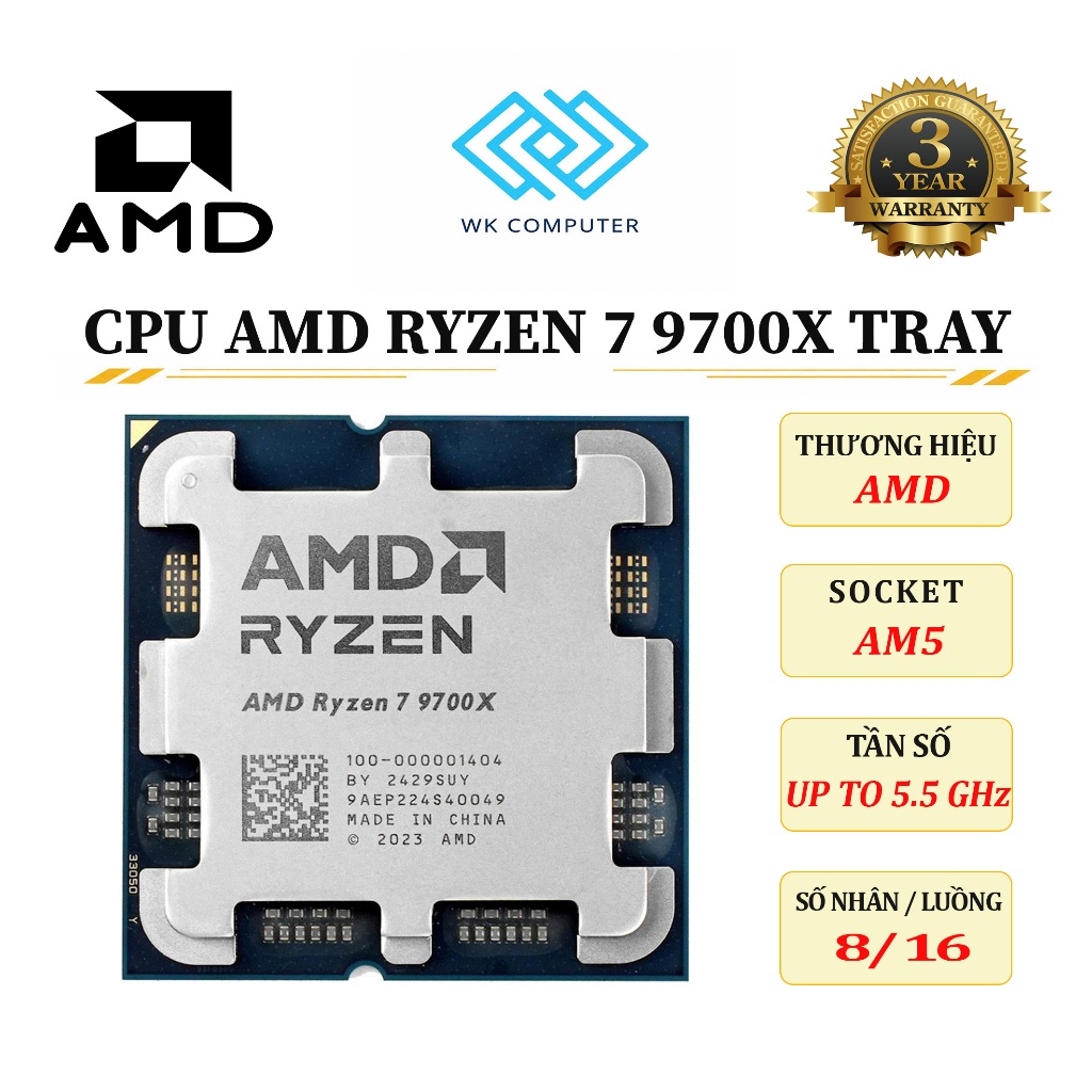 (FULL VAT) Vi xử lý CPU AMD Ryzen 7 9700X Tray | AM5, 8 Nhân/16 Luồng, Upto 5.5 Ghz, Mới (BH 36T)