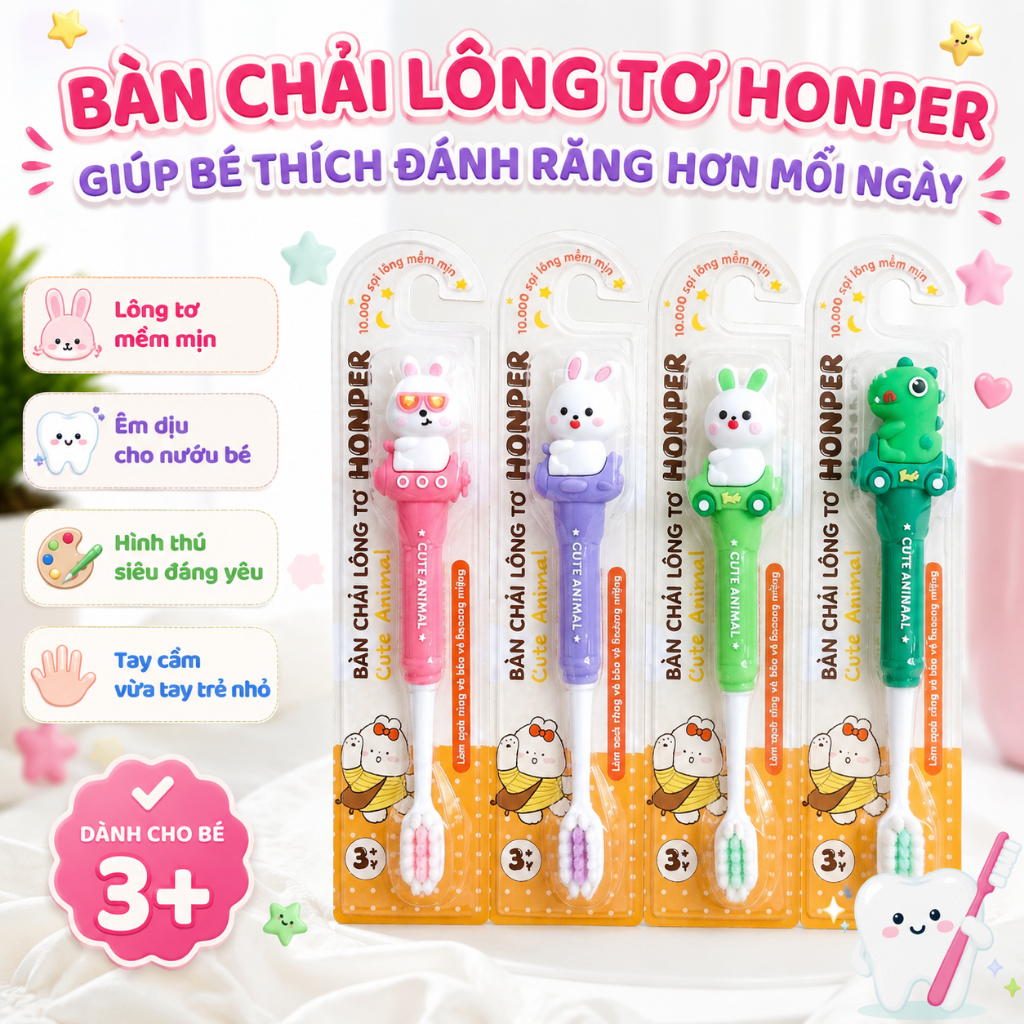 Bàn Chải Lông Tơ HONPER HP240 Cho Bé Siêu Mềm Mịn - Silicon An Toàn, Bảo Vệ Nướu, Hình Thú Dễ Thương