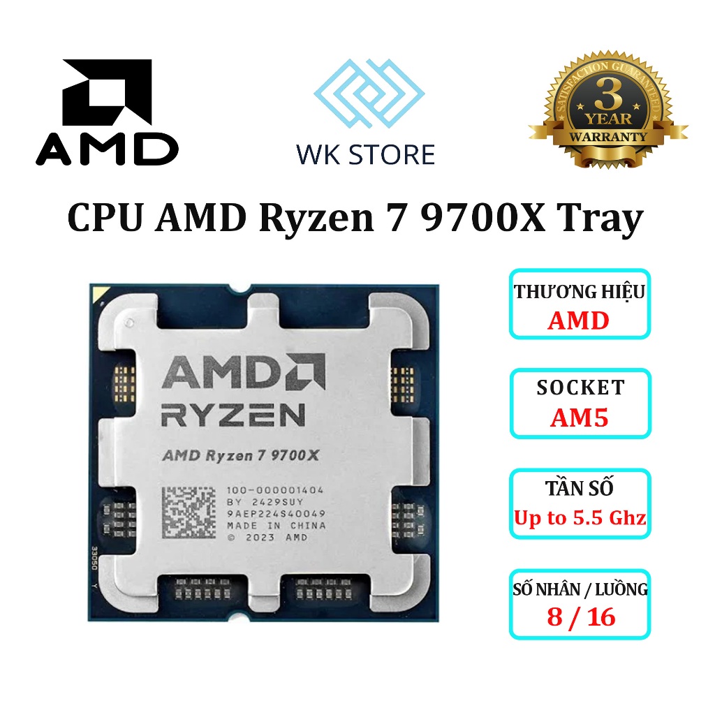 BỘ VI XỬ LÝ CPU AMD Ryzen 7 9700X Tray | 8 Nhân/16 Luồng, AM6 //  Mới (Bảo hành 36 Tháng)