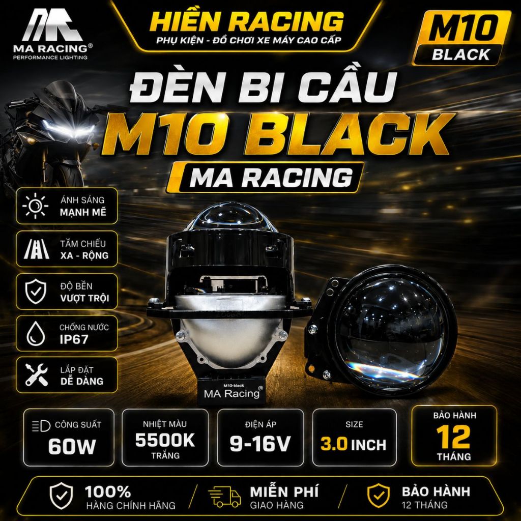 Đèn Bi Cầu Led M10 Black Chính Hãng Ma Racing Công Suất 65W Lắp Xe Máy Và Ôtô - BH 2 Năm