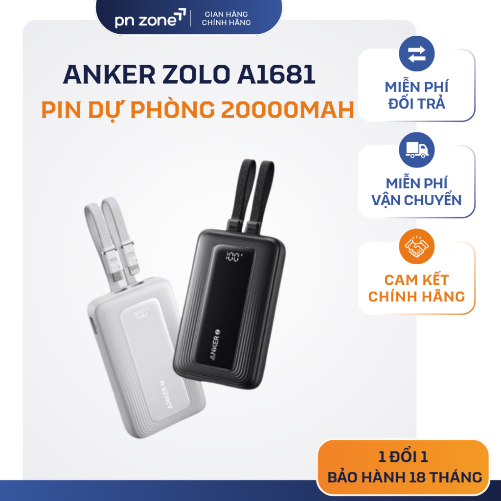 Pin Sạc Dự Phòng Anker A1681 A110M 10000mAh / 20000mAh 30W 45W Tích Hợp Sẵn 2 Cáp USB-C & L - Bảo Hà