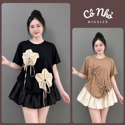 Set Đồ Bộ Bigsize Nữ Áo Thun Gắn Hoa Phối Chân Váy Ngắn Xinh Cho Chubby A292+CV413
