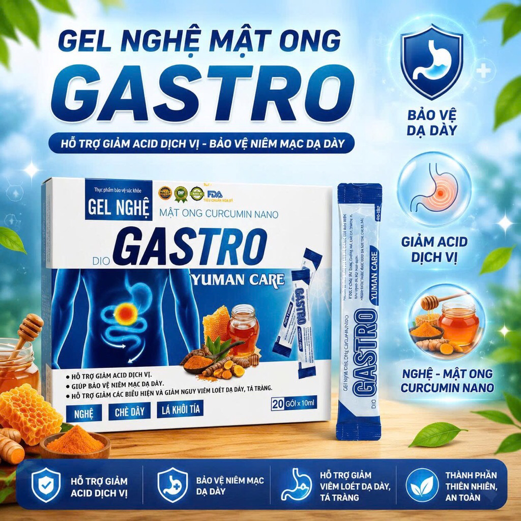 Gel Nghệ Mật Ong Curcumin Nano Dio-Gastro Hỗ trợ giảm acid dịch vị, bảo vệ niêm mạc dạ dày 20 Gói /H
