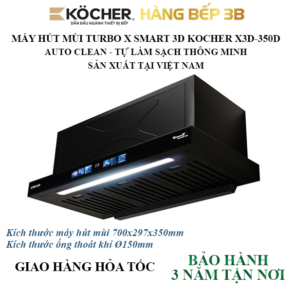 Máy hút mùi Kocher TurboX Smart 3D X3D-350D auto clean tự làm sạch thông minh - Bảo hành tận nơi