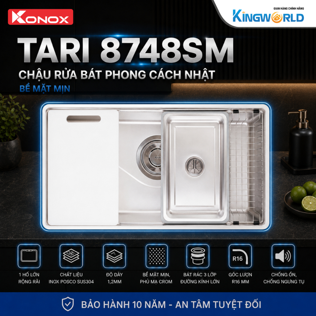 Chậu Bồn Rửa Chén KONOX TARI 8748SM | Chậu 1 Hố Inox 304 - Bề Mặt Mịn - Chuẩn Phong Cách Nhật