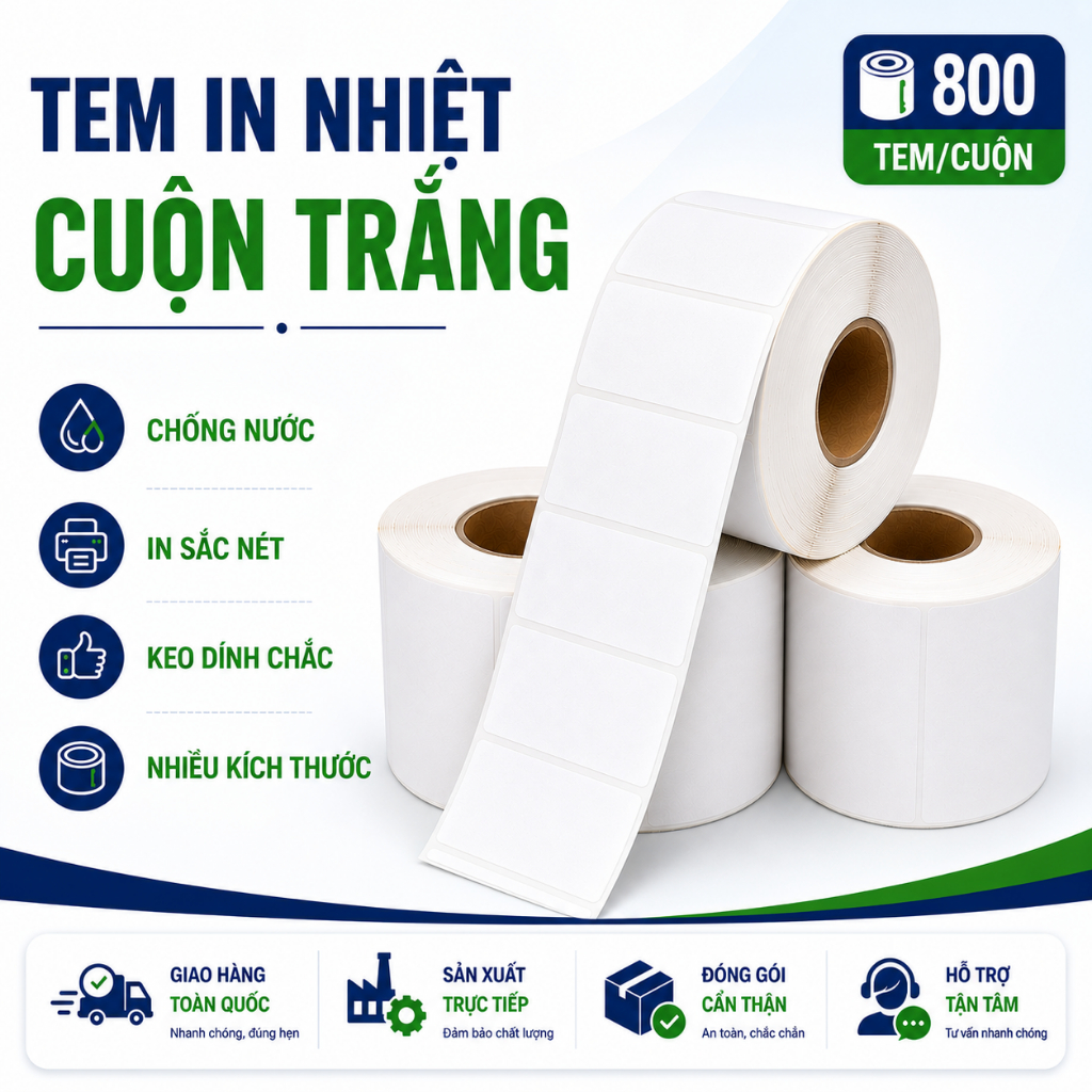 [HỎA TỐC] 50-100 Cuộn Tem In Nhiệt Cuộn Trắng - Tem Dán Mã Vạch, Tem Sản Phẩm, Tem Vận Đơn