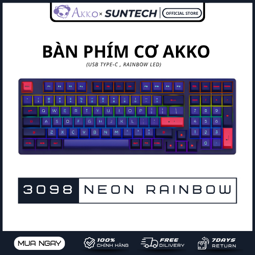 Bàn Phím Cơ AKKO 3098 Neon Rainbow | 98 Phím, Keycap PBT ASA Profile, Switch Cream Pro, Kết Nối Type