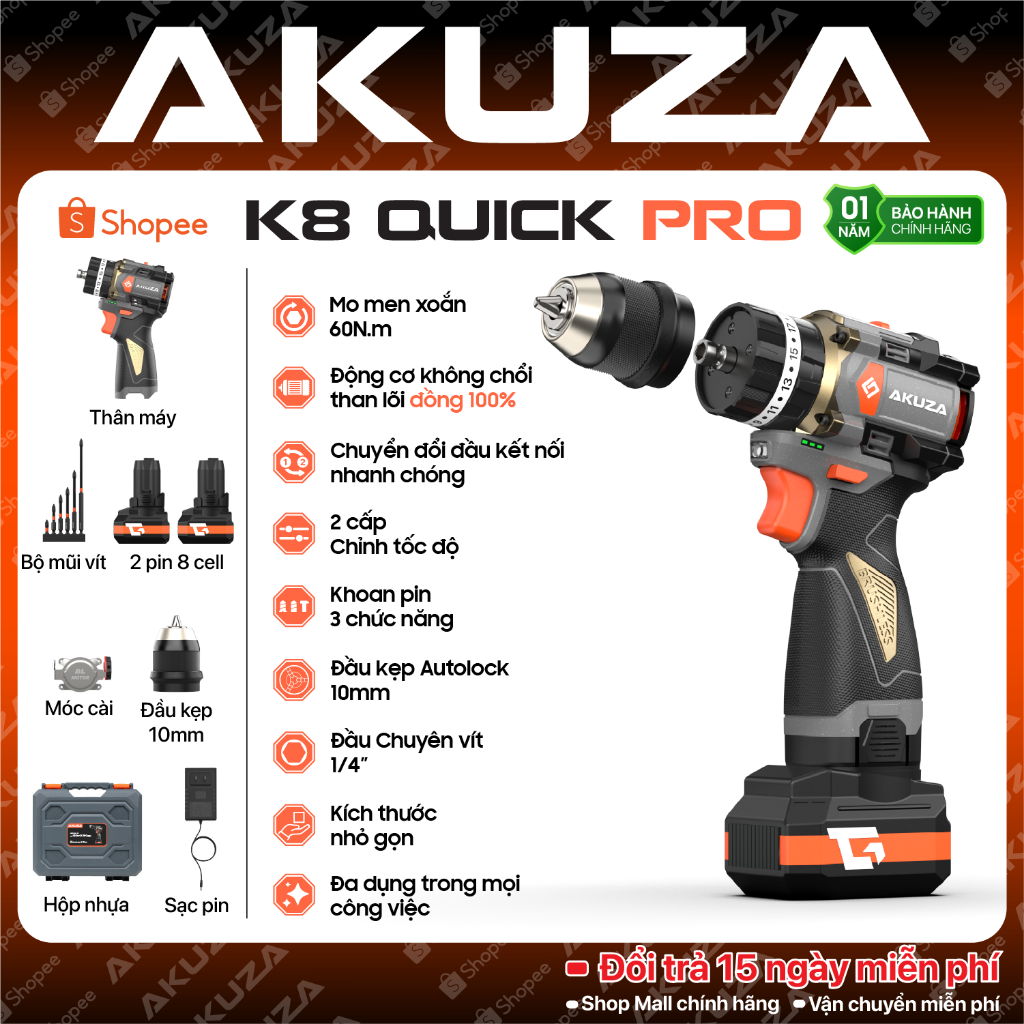 Máy Khoan AKUZA K8 QUICK PRO Có Búa- Khoan 16,8V Không Chổi Than Đầu Kẹp 10mm,Tặng bộ mũi vít