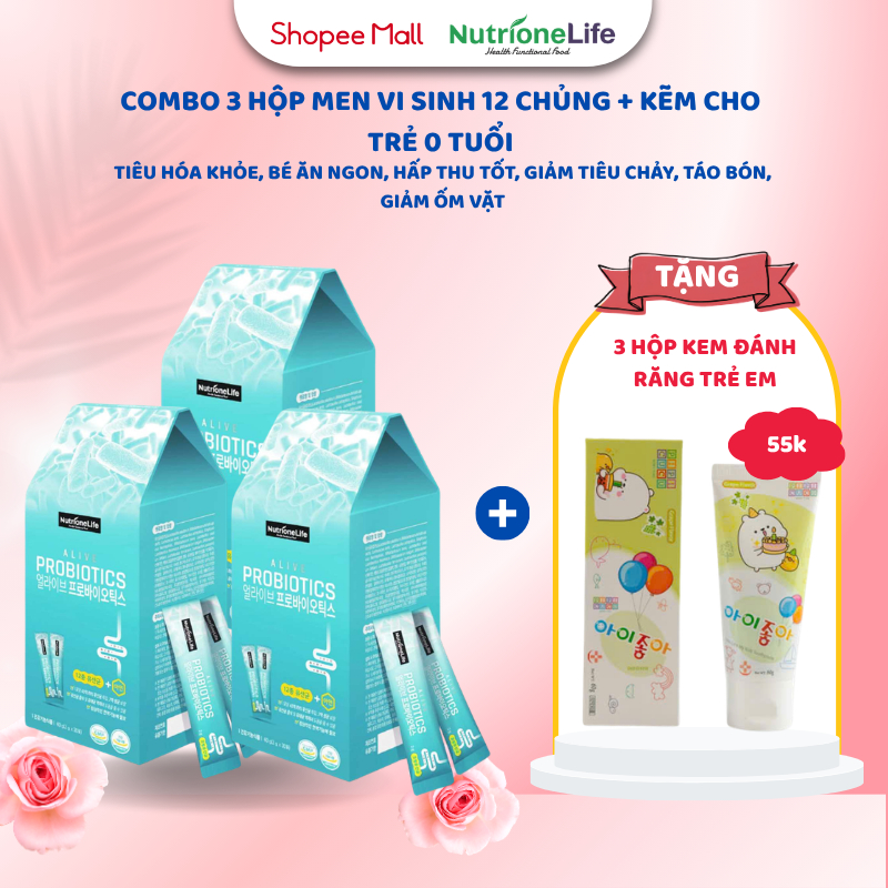 COMBO 3 Hộp Men Vi Sinh Alive Probiotics 12 Chủng Lợi Khuẩn Và Kẽm Giúp Tiêu Hóa Khỏe, Tăng Hấp Thu 