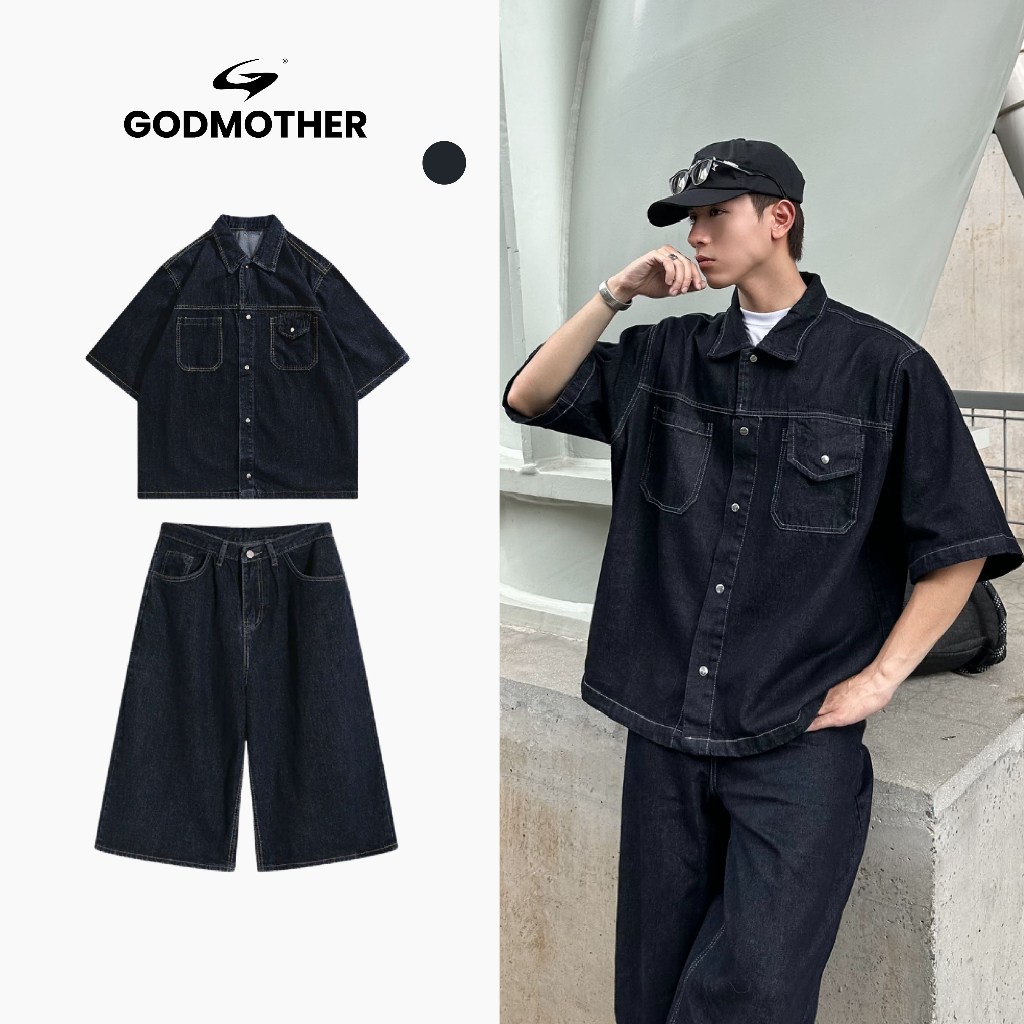 Set Quần Áo Denim GODMOTHER 2026 Đồ Bộ Nam Denim (Áo + Quần) Cộc Tay Form Rộng Trẻ Trung Cao Cấp | BigBuy360 - bigbuy360.vn