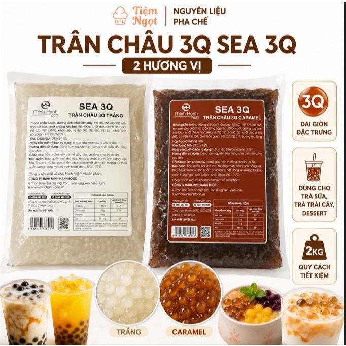 Trân Châu 3Q SEA 3Q Minh Hạnh 2kg | Trân Châu 3Q Trắng & Caramel | Topping Trà Sữa