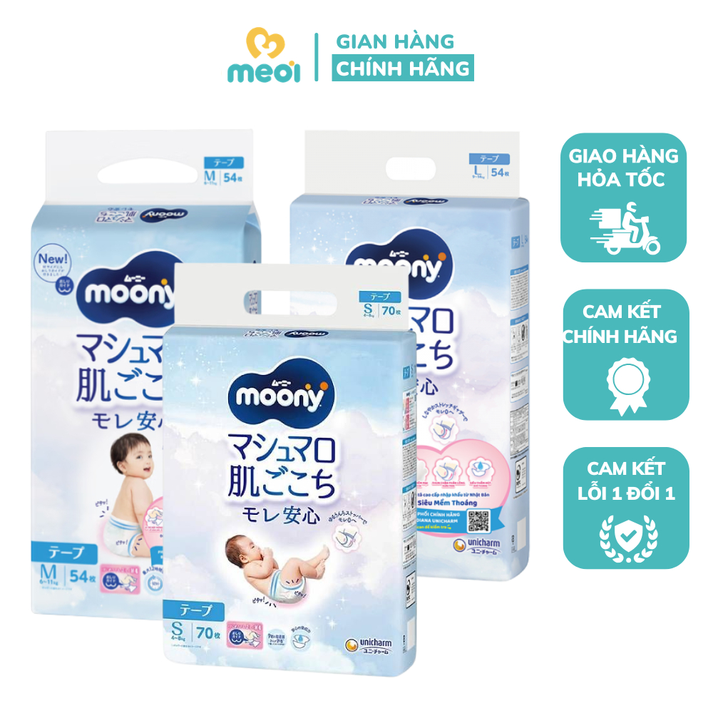 Bỉm dán, quần Moony xanh hàng nhập khẩu chính hãng, tem phụ unicharm cho bé