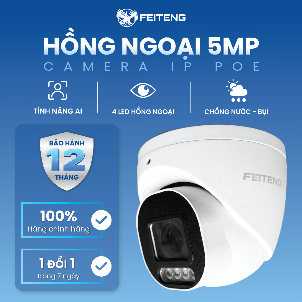 Camera IP PoE FEITENG FE-3.6MM-5MP-DOM 5MP, Quan sát ban đêm bằng hồng ngoại, Nhận diện bằng AI