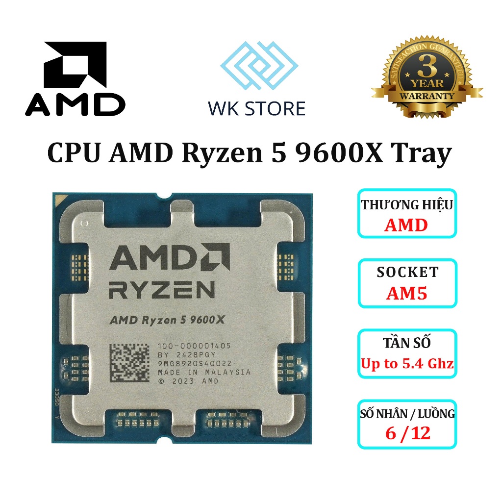 CPU AMD Ryzen 5 9600X Tray |  6 Nhân 12 Luồng, AM5, Up to 5.4 GHz (NEW, BH 36T)