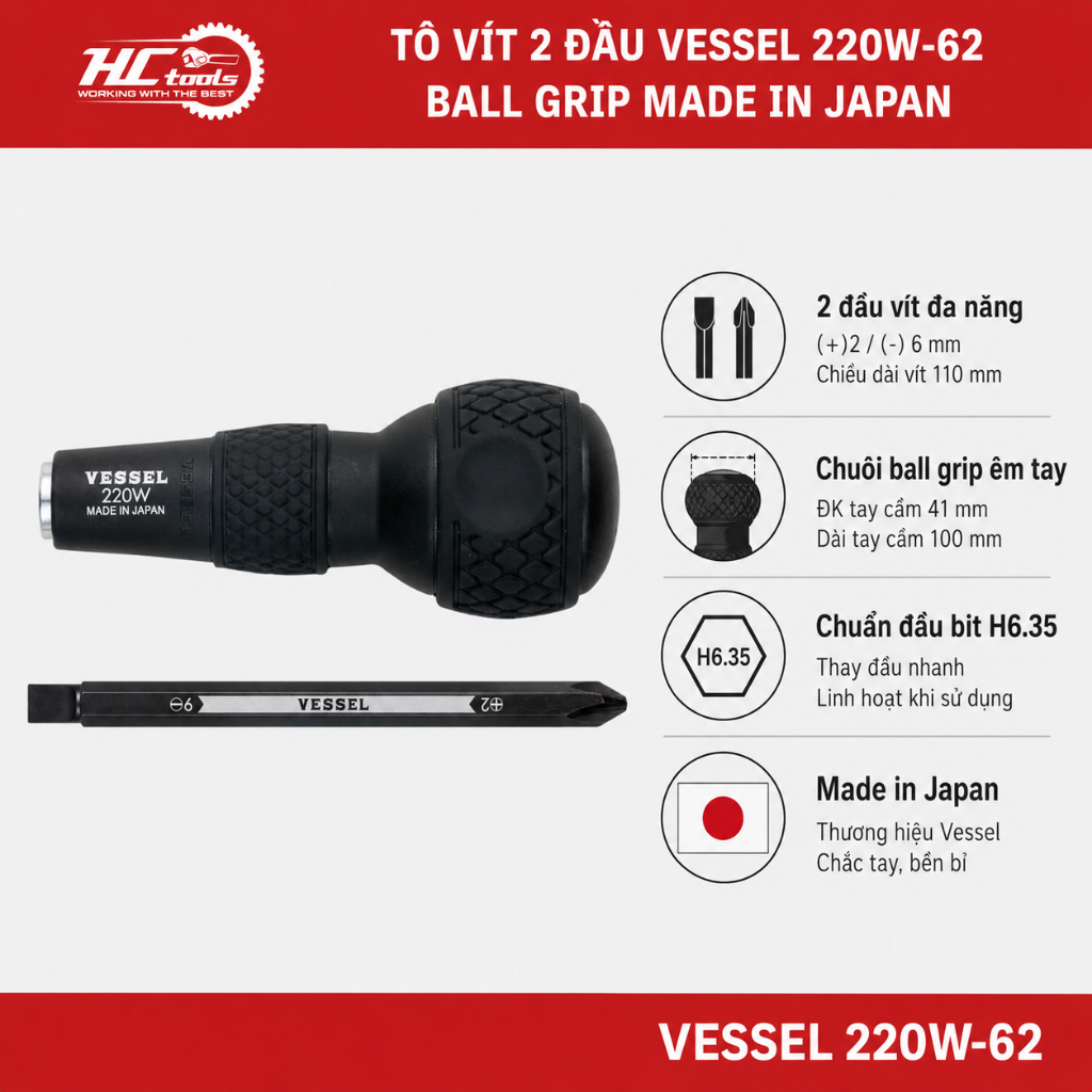 Tô vít 2 đầu Vessel 220W-62 ball grip Made in Japan I HCTOOLS