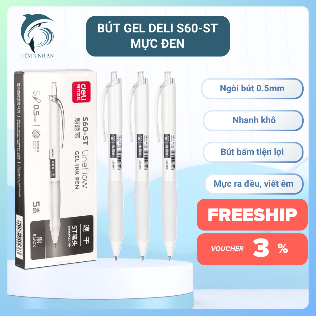 [Combo 5 Bút] Bút Bi Gel Bấm,  Bi Nước Màu Đen Nhanh Khô Deli S60-ST Ngòi 0.5mm