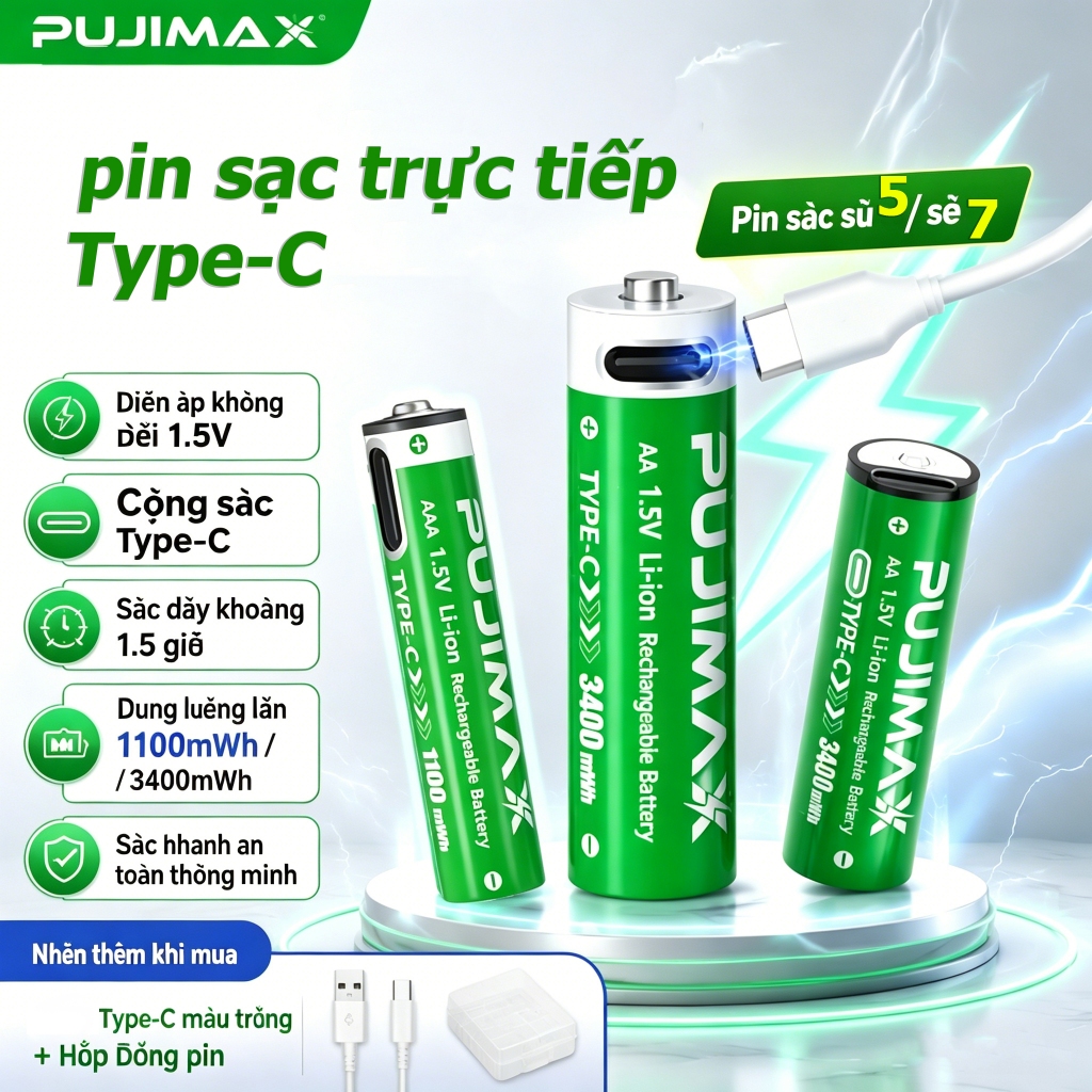 PUJIMAX sử dụng pin lithium 1.5V sạc qua Type-C, cung cấp hai dung lượng 1100mWh / 3400mWh