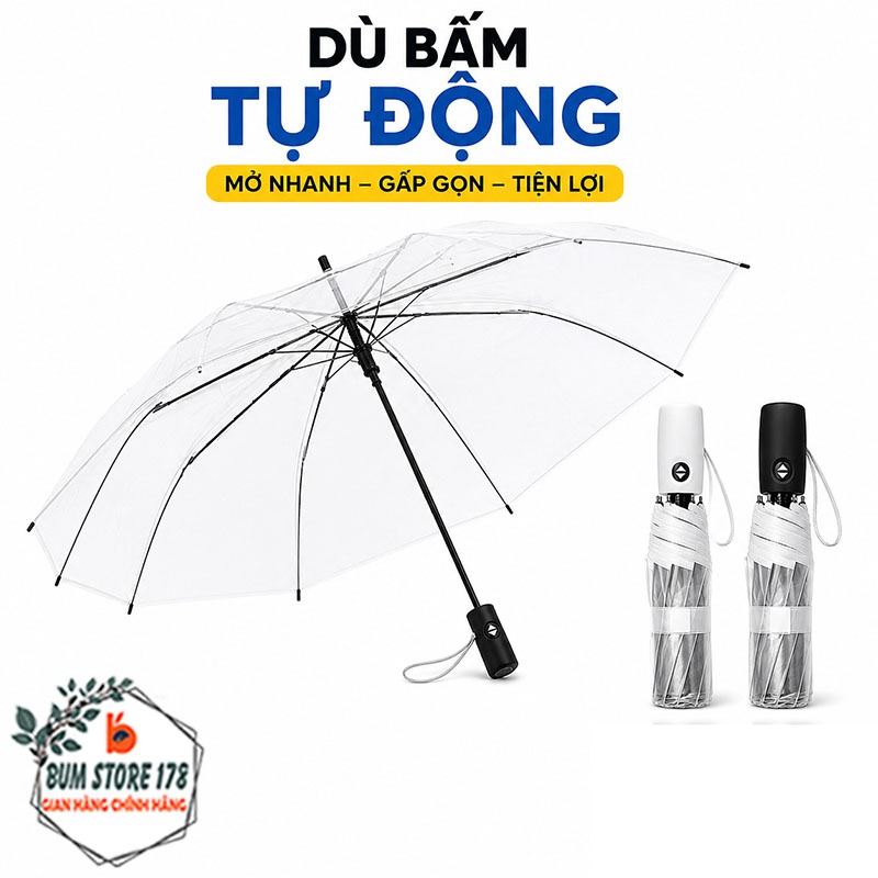 Dù Bấm Bung Tự Động Ô Gấp Trong Suốt, Dù Đi Mưa Mini Chống Gió Gấp Gọn Tiện Lợi