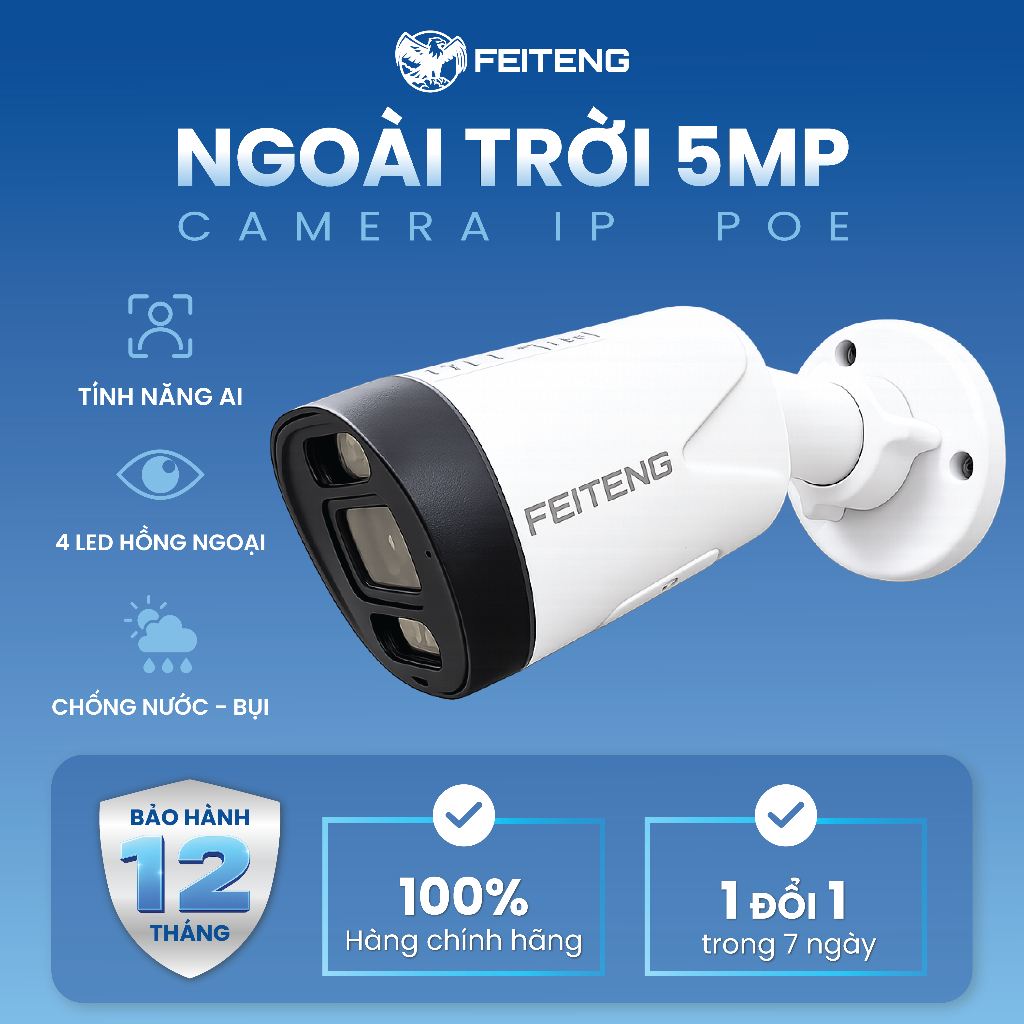 Camera IP PoE Ngoài Trời FEITENG FE-36MM-5MP, 5MP Hiển thị rõ nét, Báo động bằng đèn và âm thanh
