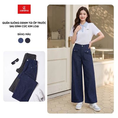 Quần jean nữ CARDINA dáng suông túi ốp trước sau đính cúc kim loại 6QJT07