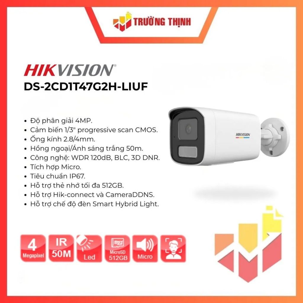 Camera thân trụ IP 4MP ColorVu Hikvision DS-2CD1T47G2H-LIUF | 4MP | Smart Hybrid Light