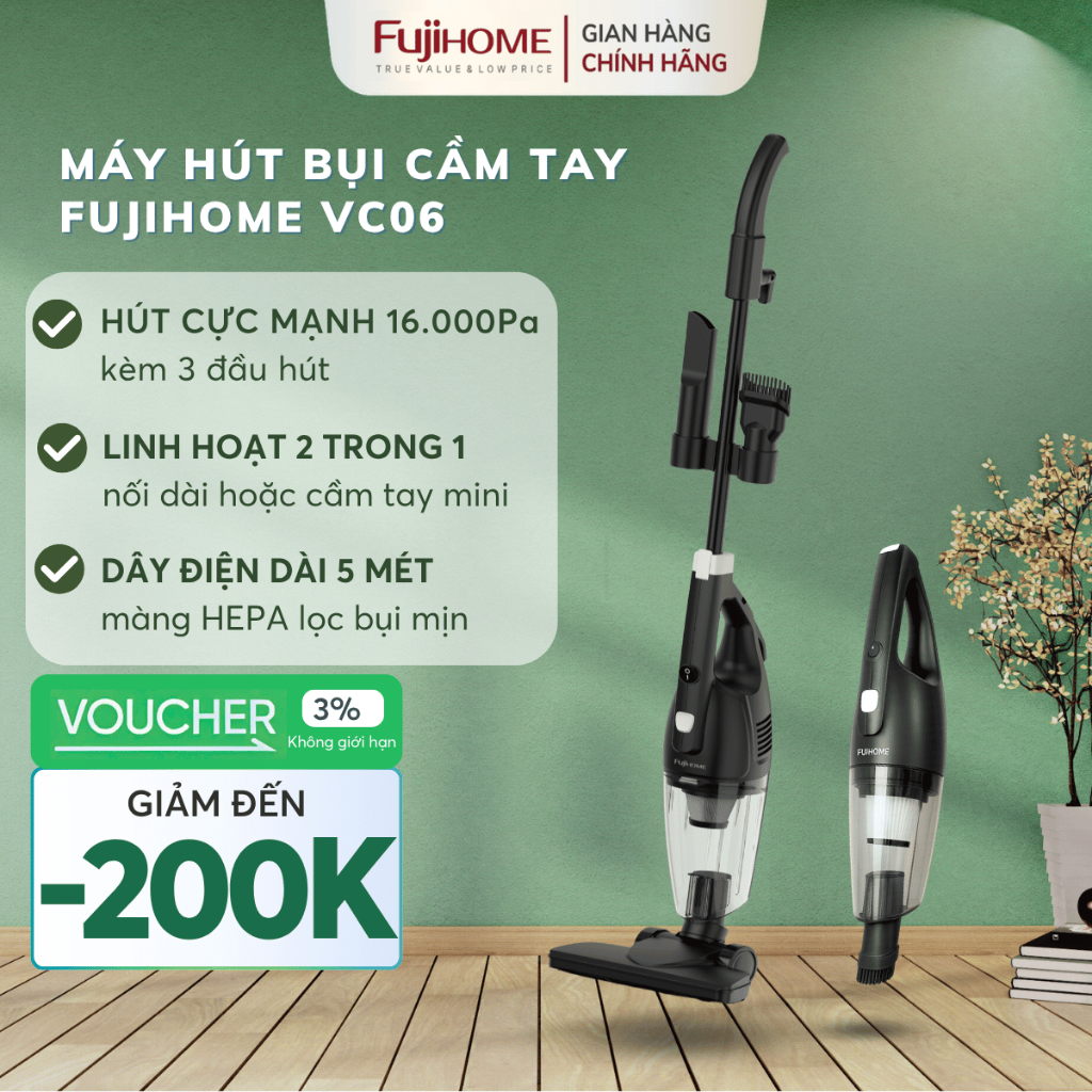 Máy hút bụi sàn cầm tay đa năng công suất 600W tiện lợi Nhập Khẩu FUJIHOME VC06-B có màng lọc HEPA