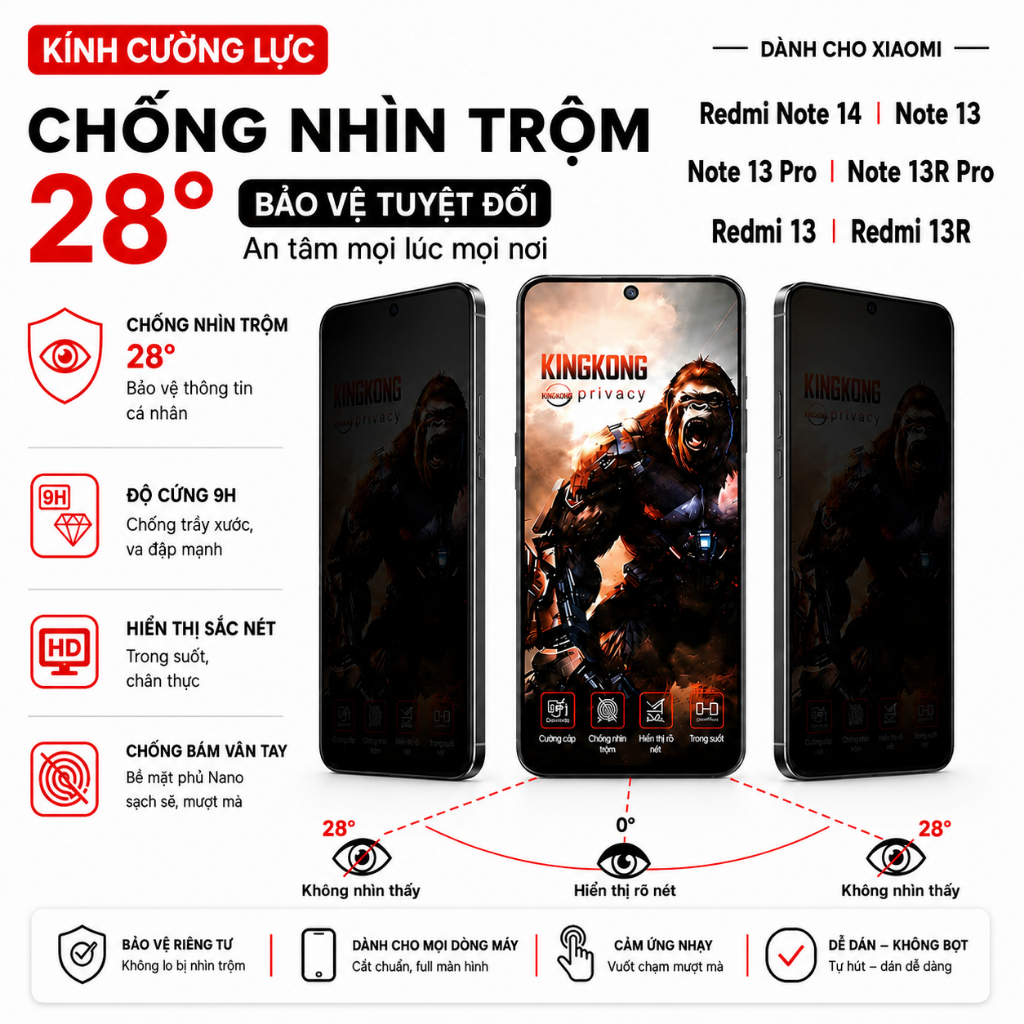 Kính cường lực chống nhìn trộm KINGKONG Dành Cho Redmi Note 14 Note 13 Note 13 Pro Note 13R Pro Redm