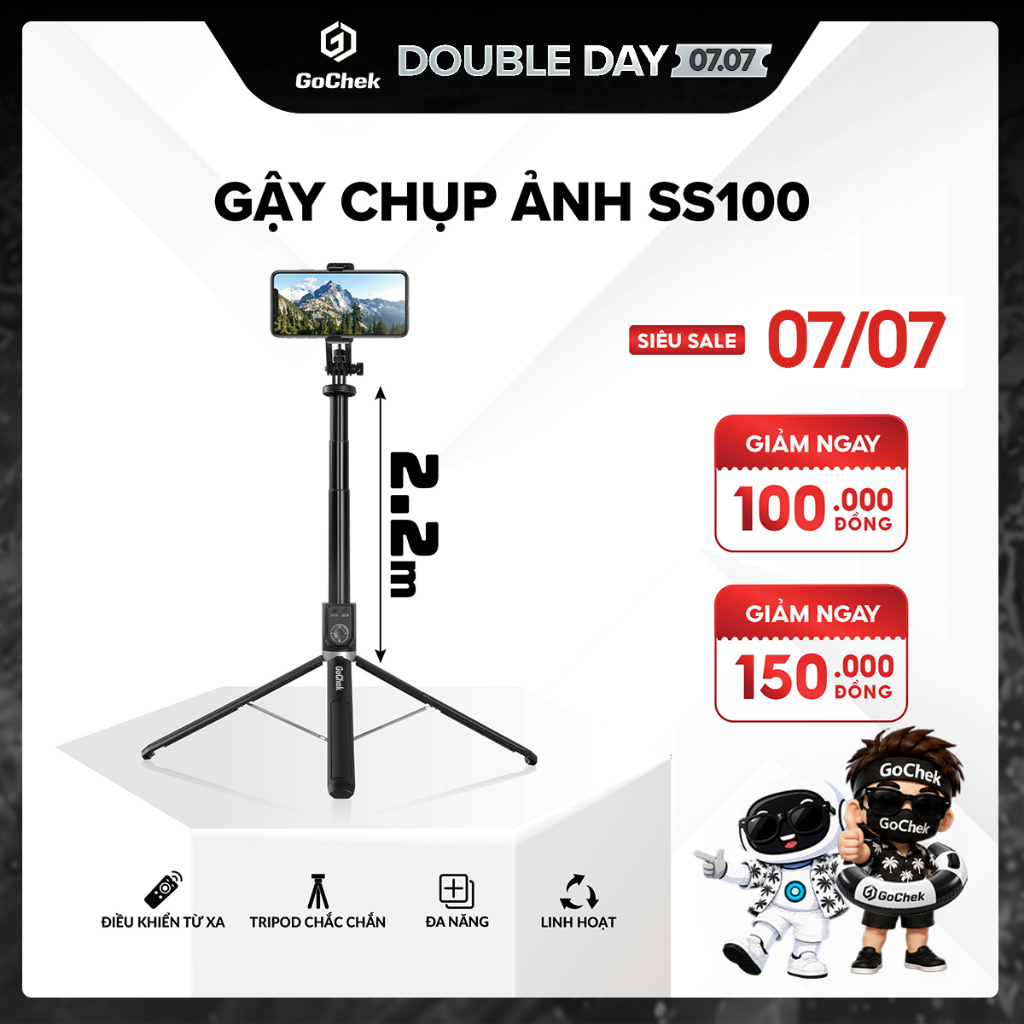 Gậy Chụp Ảnh Tripod GoChek SS100 – Bluetooth, Đa Năng, Kéo Dài 2m2