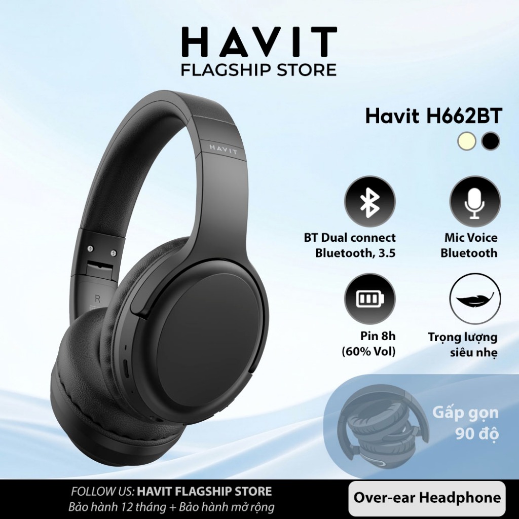 Tai nghe Bluetooth Headphone Havit H662BT Pin 20 tiếng | Kiểu Dáng Basic | BT 5.3