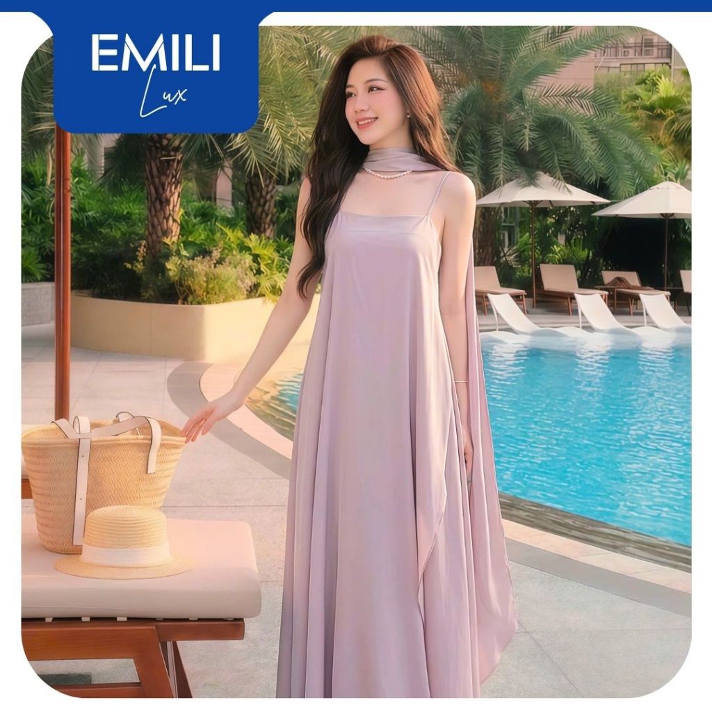 Váy maxi 2 dây tơ lụa mềm form suông mix choàng cổ Emili Lux dịu dàng, nữ tính đi biển, cafe V574