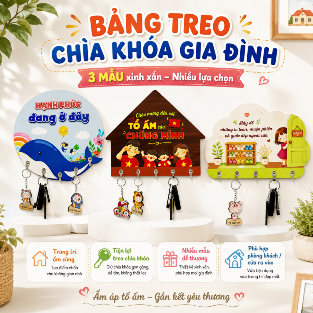 Bảng Gỗ Treo Móc Khóa Gia Đình, Bảng Treo Chìa Khóa Decor Cửa Ra Vào Phòng Khách Gia Đình