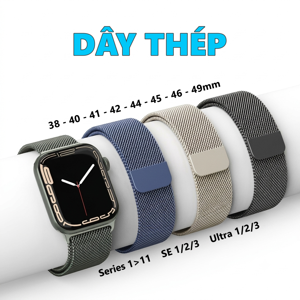 Dây thép milane cho iWatch Seri 1>11, SE, Ultra, đồng hồ T800, T700, T500... Đủ size 38>49mm