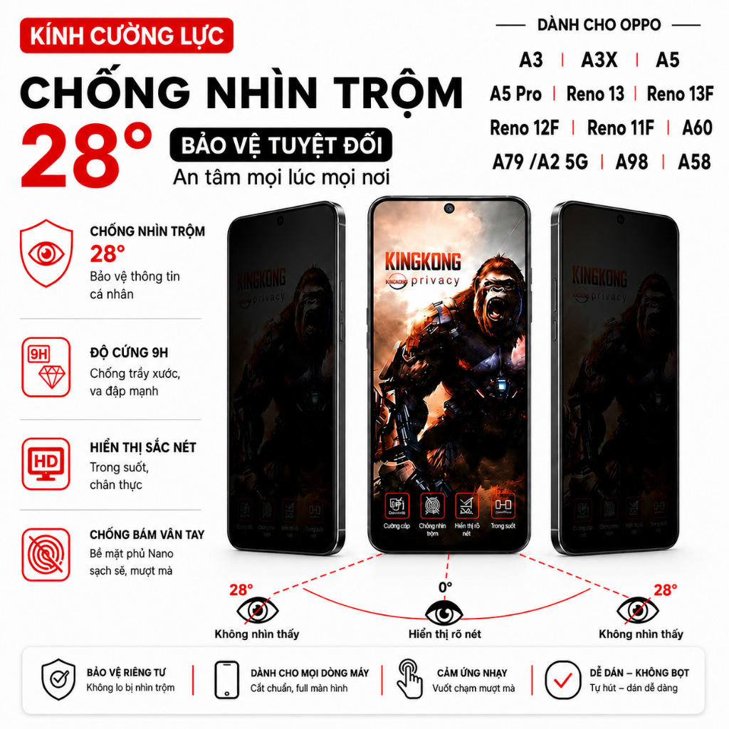 Kính Cường Lực Chống Nhìn Trộm KINGKONG Cho Samsung S25 FE S24 FE S23 FE S21 FE C55 A55 A35 M56 M55 