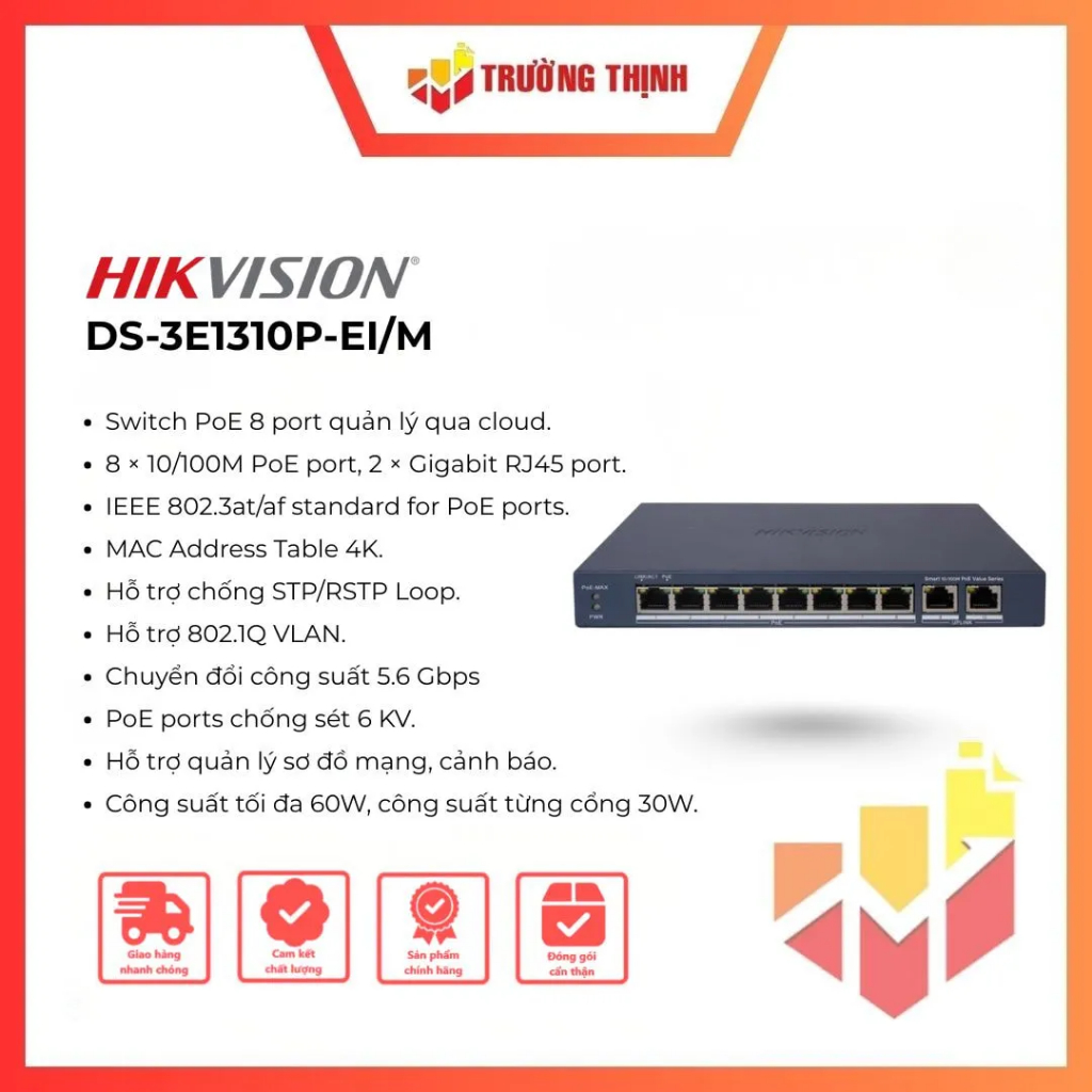 Switch 8 cổng PoE HIKVISION DS-3E1310P-EI/M 100Mbs |Smart Managed Switch | công suất 60W