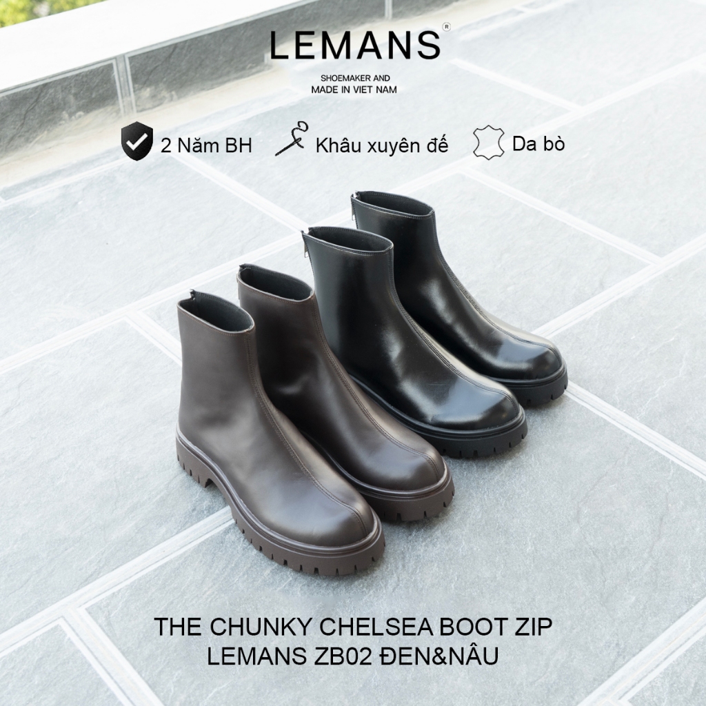 Giày Boots da bò The Chunky Lemans Zip Boots LEMANS ZB02.5 Black&Brown - Đế chunky cao 5cm - Khoá hậ
