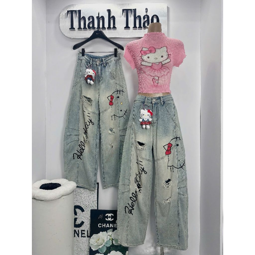 Sét áo dập ly hello kitty mix quần suông thụng hello kitty mới