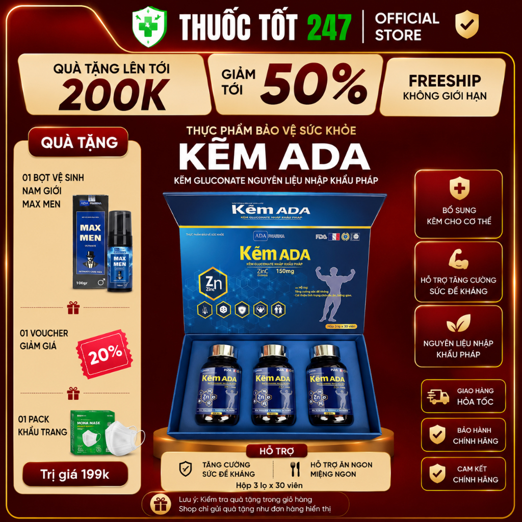 Kẽm ADA .Với hàm lượng 150mg kẽm gluconat tương đương 21mg kẽm nguyên tố tăng cường sức khỏe,cải thi